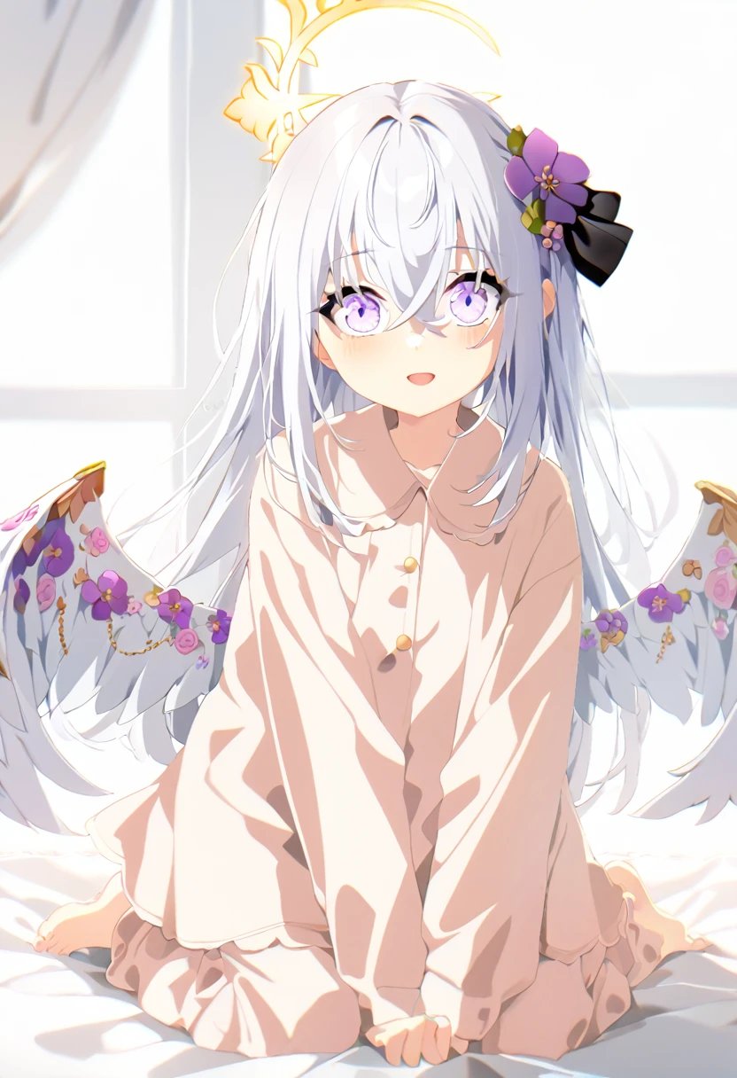 azusa \(blue archive\), 1girl alternate_costume angel_wings barefoot black_pajamas blanket crossed_bangs feathered_wings feet halo kneeling long_hair on_bed open_mouth pajamas purple_eyes sidelocks smile solo toes under_covers very_long_hair white_hair wings