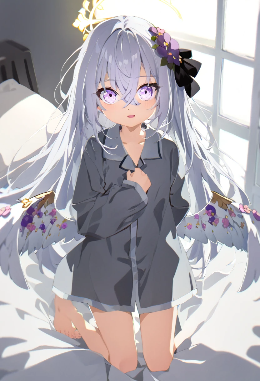 azusa \(blue archive\), 1girl alternate_costume angel_wings barefoot black_pajamas blanket crossed_bangs feathered_wings feet halo kneeling long_hair on_bed open_mouth pajamas purple_eyes sidelocks smile solo toes under_covers very_long_hair white_hair wings
