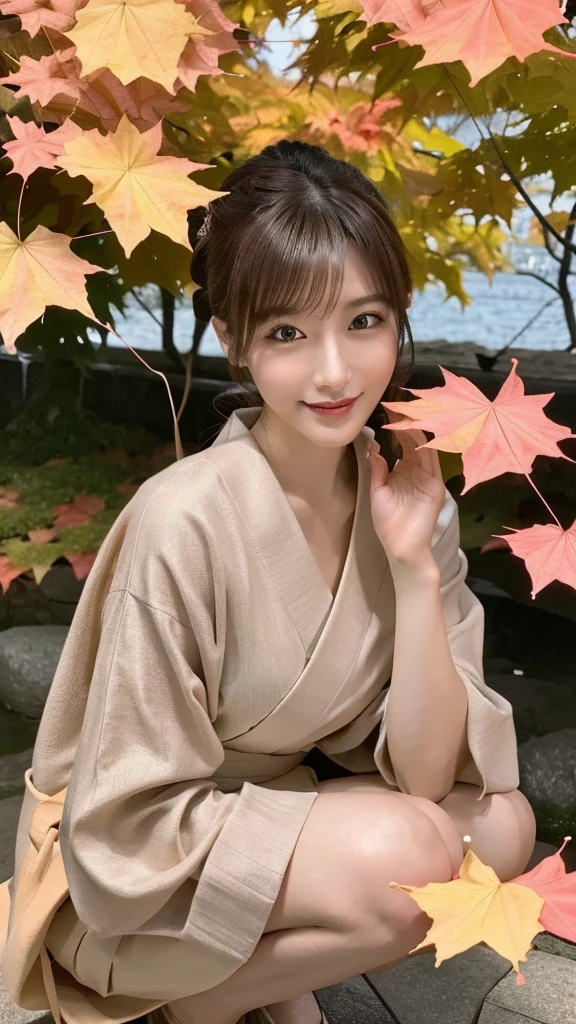 (Photorealistic:1.4), (Top image quality:1.0), (超High resolution:1.0), 8K, Raw photography, (masterpiece:0.2), (Purelos Face_v1:0.5)、(最高quality Detail:1.2)、Realisticな、8K UHD、High resolution、(One Girl:1.2)、超detailedな、High quality textures、Intricate details、detailed、非常にdetailedなCG、High quality shadows、Beautiful and perfect face、detailed 美しく繊細な目、Depth of written boundary、Ray Tracing,One Girl, Japanese girl, cute, kimono、Floral scrunchie, Beautiful Skin, I see your beautiful legs、squat、Put your hands together gracefully,The land of Japan smiling faintly,Japanese garden,Luxurious Japanese-style room, (Row of maple trees:1.2), ((Autumn leaves landscape:1.3)), Sky Porn, Magic Hour, (Realistic:1.3), 細かくdetailedに, quality, (Tabletop:1.2), (Realistic:1.2), (最高quality), (Intricate details), dramatic, Ray Tracing, photograph, +roller