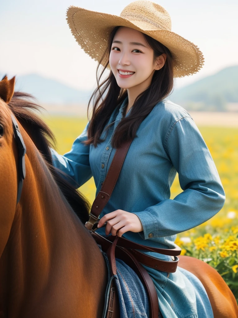 (best quality,8K,realistic,very detailed) Girl wearing cowgirl outfit and cowboy hat, riding on a realistic horse while looking at the viewer with a beautiful smile. Capture scenes with vivid colors and sharp focus, Bring it to life. The girl&#39;s eyes sparkle with exquisite details., Seductive lips are added. The majestic presence of the horse adds depth to the work... The overall atmosphere is reminiscent of a Western landscape., With a hint of adventure . The light softly illuminates the girl&#39;s face., Create a warm and inviting atmosphere. It is a masterpiece that combines the spirit of a cowgirl with the power and grace of a horse...