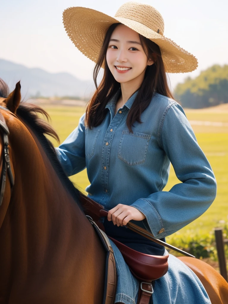 (best quality,8K,realistic,very detailed) Girl wearing cowgirl outfit and cowboy hat, riding on a realistic horse while looking at the viewer with a beautiful smile. Capture scenes with vivid colors and sharp focus, Bring it to life. The girl&#39;s eyes sparkle with exquisite details., Seductive lips are added. The majestic presence of the horse adds depth to the work... The overall atmosphere is reminiscent of a Western landscape., With a hint of adventure . The light softly illuminates the girl&#39;s face., Create a warm and inviting atmosphere. It is a masterpiece that combines the spirit of a cowgirl with the power and grace of a horse...