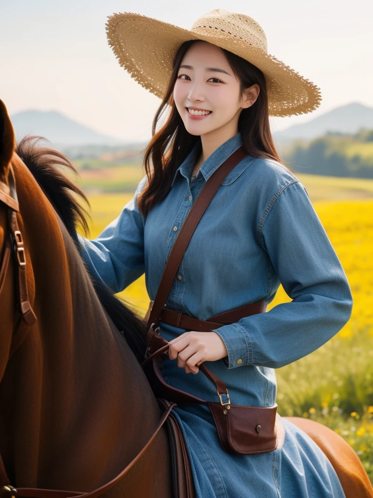 (best quality,8K,realistic,very detailed) Girl wearing cowgirl outfit and cowboy hat, riding on a realistic horse while looking at the viewer with a beautiful smile. Capture scenes with vivid colors and sharp focus, Bring it to life. The girl&#39;s eyes sparkle with exquisite details., Seductive lips are added. The majestic presence of the horse adds depth to the work... The overall atmosphere is reminiscent of a Western landscape., With a hint of adventure . The light softly illuminates the girl&#39;s face., Create a warm and inviting atmosphere. It is a masterpiece that combines the spirit of a cowgirl with the power and grace of a horse...