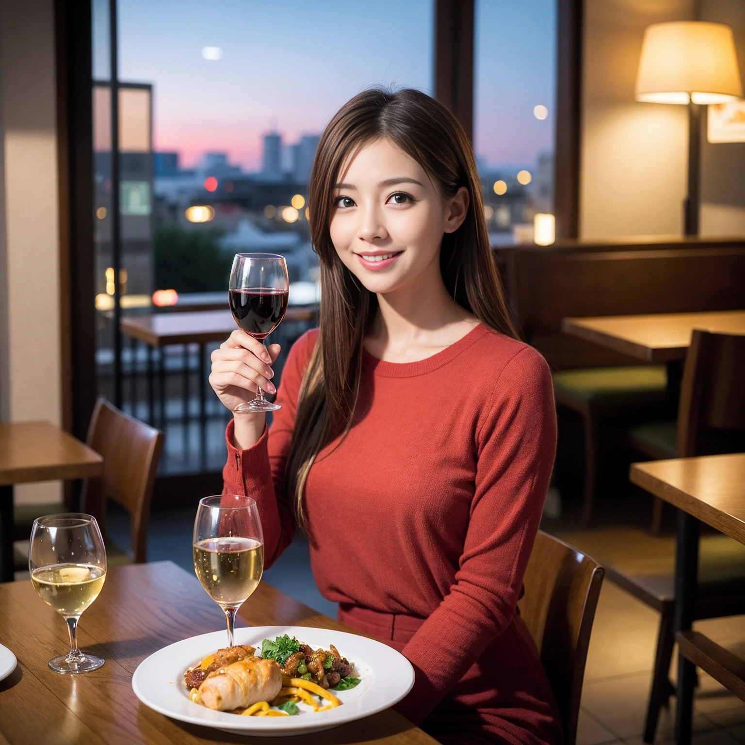 ((Highest quality、8K、masterpiece:1.3))、Satomi Ishihara、slimカップル、Pink rubber、modelカップル、(Realistic, Intricate details:1.2), full-course dinner、Wine Party、Amazing view of the sunset sky and clouds、A bright smile、The wonderfulness of smile、Bright image、The beauty of wine, Beautiful Face, blue eyes, The light shines on your face, Blushing, short hair,Bright Face、 (Age 37), 39 years old, red wine 、Appetizers、Italian food、Wine bottle、Champagne、sparkling wine、Two beauties、Brown Hair、Shortcuts、Long sleeve shirt、dress、Beautiful woman 1, (slimな顔), (The body is slim), (Brown Hair), (Shortcuts), cheeks turn a little red,Attractive beauty、restaurant, In a prominent place (From the waist up) Nova Frog Style, actress, model, Upper Body, White wine, slim, wine glass, 中央に置かれたwine glass, smile, (smile: 1.15), Beautiful fine grain, Depth f/2,saturation, High Contrast, Strong light and shadow,Moist Body:1.5、3D texture、Delicate eyes、Brown Hair、The hair is very shiny、