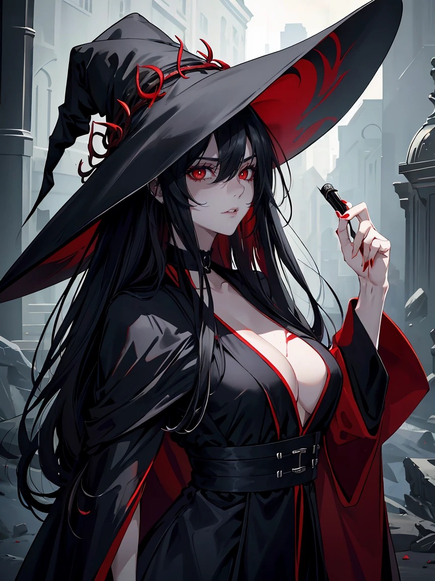 handsome woman,red-eyes,red pupils,Long black hair, grey skin, looks ill, Hyperresolution,accuracy,Detailed rendering,(Subtle facial image)(Image of fine hair)(topquality)(Masterpieces of masters)(High degree of completeness)(A sense of atmosphere)tmasterpiece,Super detailed and super detailed(full-body portrait), large witch hat, ankle length black straight hair, fierce look in her eyes, blood, full body