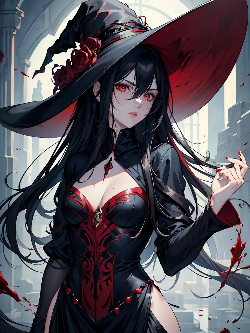 handsome woman,red-eyes,red pupils,Long black hair, grey skin, looks ill, Hyperresolution,accuracy,Detailed rendering,(Subtle facial image)(Image of fine hair)(topquality)(Masterpieces of masters)(High degree of completeness)(A sense of atmosphere)tmasterpiece,Super detailed and super detailed(full-body portrait), large witch hat, ankle length black straight hair, fierce look in her eyes, blood, full body