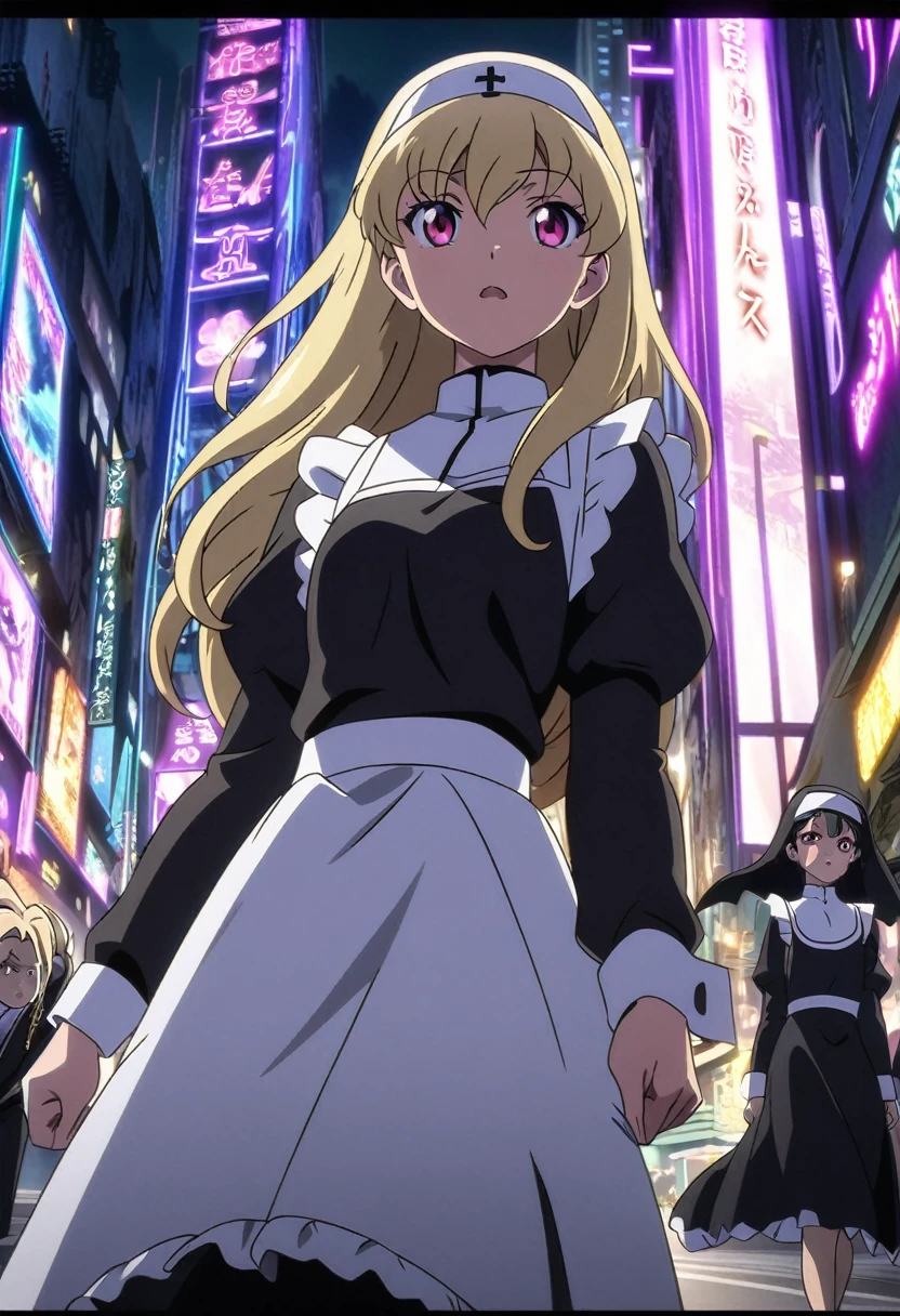 A maid with purple eyes and long, straight black hair. Next to her is a nun with blonde hair and scary red eyes. They are walking in a city with purple lights. Anime Art Style.