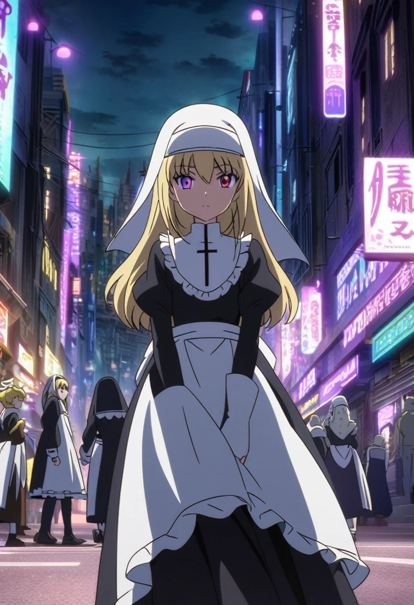 A maid with purple eyes and long, straight black hair. Next to her is a nun with blonde hair and scary red eyes. They are walking in a city with purple lights. Anime Art Style.