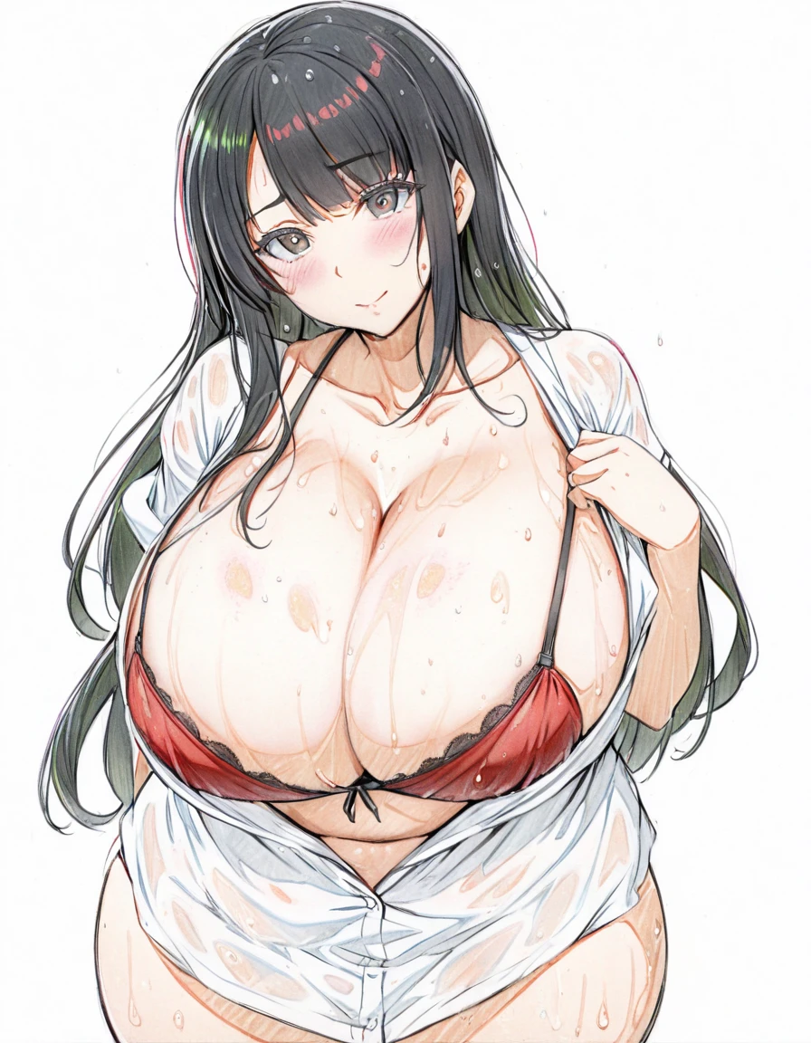 1woman,solo,milf,mature female,medium long hair,black hair,asymmetrical bangs,black eyes,plump,large breasts, closed_white_business-shirt over red-bra, wet and her bra is showing through
