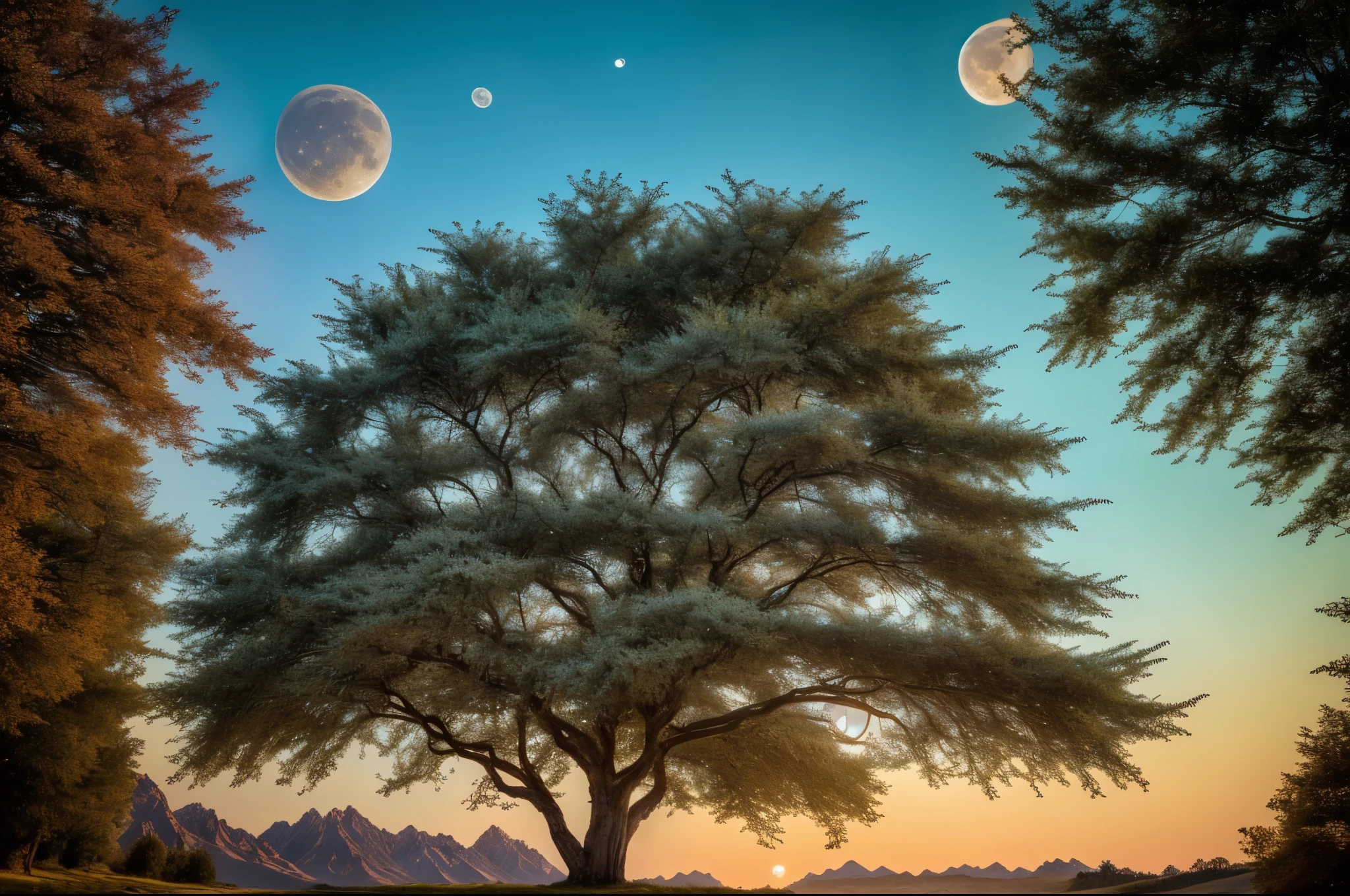 (Very beautiful epic breathtaking landscape), (very beautiful and very strange tree), (alluring, A fascinating sight), (Incredible, difficult to explain), amazing tree, (the full moon illuminates it), (ultra detailed photo, HDR, uhd, 16K), Professional photography, (ultra detailed environment), hyperdetailing, super detailed photo, (masterpiece of world photography),
