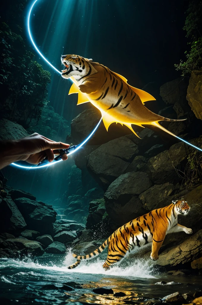 Man removing electric rays from dark body,fighting with a tiger in a river bed 