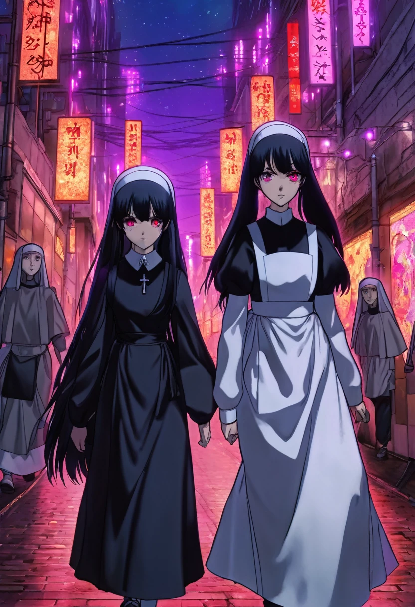 A maid with purple eyes and long, straight black hair. Next to her is a nun with blonde hair and scary red eyes. They are walking in a city with purple lights. Anime Art Style.