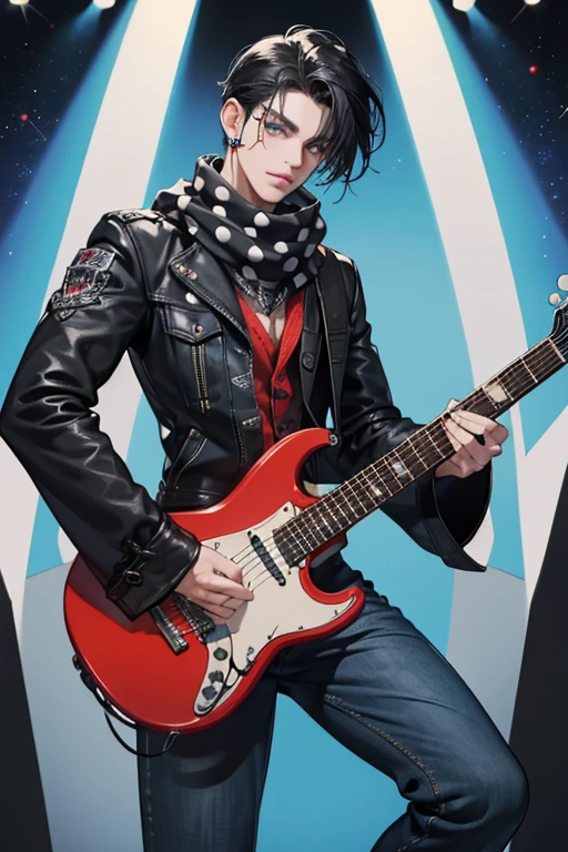 Rocker Boi has fair skin, dark blue eyes, and knee-length black hair with grey streaks. He doesn't wear any makeup or nail polish like most of the OMG Fashion Dolls. However, he has 2 parallel black lines painted on his left cheek, similar to those worn by rugby players.
He wears a white turn singlet with part of the lyrics from the song 'Surprise Me', a blue denim jacket with black sleeves, pants that are white-and black-striped on the left and red with black spots on the right, white lace boots and a black scarf with white polka dots.
Rocker Boi comes with a Flying V guitar, dark sunglasses, a screw and hook earring, and a spiky bracelet. SPARKLE; GLITTER