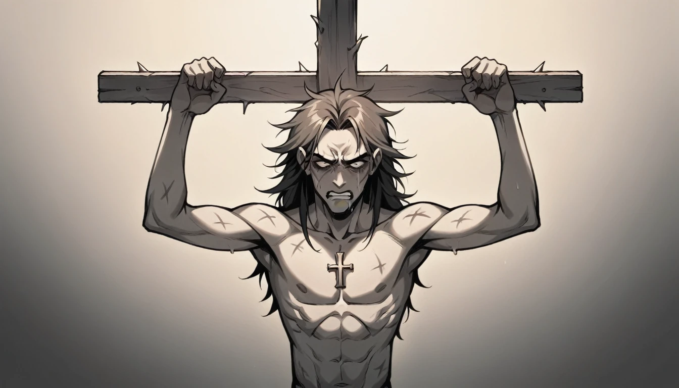 Draw a picture of Jesus with an expression of deep pain and suffering. Show the marks of the crucifixion, with a crown of thorns on his head. Your eyes should reflect sadness and compassion. Use a dark background to intensify the atmosphere of sacrifice and suffering. The image should convey the depth of your pain, but also the strength of your love and sacrifice