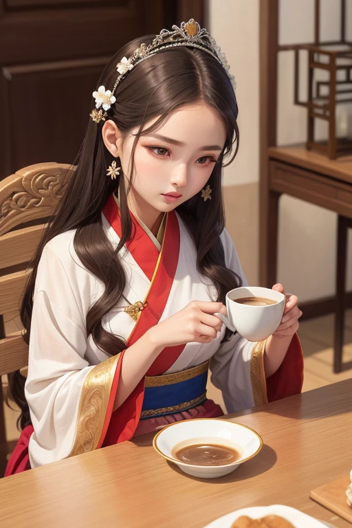 a close-up of a woman sitting at the table with a cup of coffee, palace , a girl in hanfu, a young girl like Genghis Khan, Beautiful oriental woman, mulher Chinesa, Chinesa, princesa Chinesa, an Asian woman, a young Asian woman, ancient princesa Chinesa, Asian woman, vestindo roupas Chinesas antigas, traditional beauty, young asian