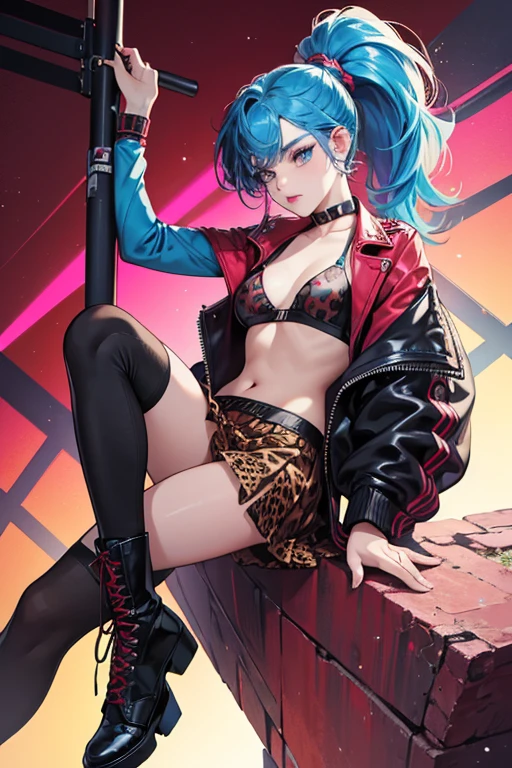Punk Grrrl has a medium skin-tone and dark red/brownish eyes. Her hair is tied in a ponytail with bangs and is colored in strong blue, vivid cyan, and bright blue with shaved sides blue side burns that are in cheetah print. Her makeup is red eyeshadow and lipstick, she has a very defined soft red contour on both sides of her cheeks.
Punk Grrrl wears a colorful jacket with one blue sleeve and one red sleeve, both have text on it and on the back of the jacket is a picture of a spider web. Underneath is a leopard print bralette, and a mixed fabric material skirt with one section being black with zippers and another being two different plaids, inside the skirt is a silver hanging chain. She wears lacy red socks, and her boots are hot pink with leopard spots and black laces, there is silver studs on the back of the shoes.
She comes with a bass guitar as well. SPARKLE; GLITTER
