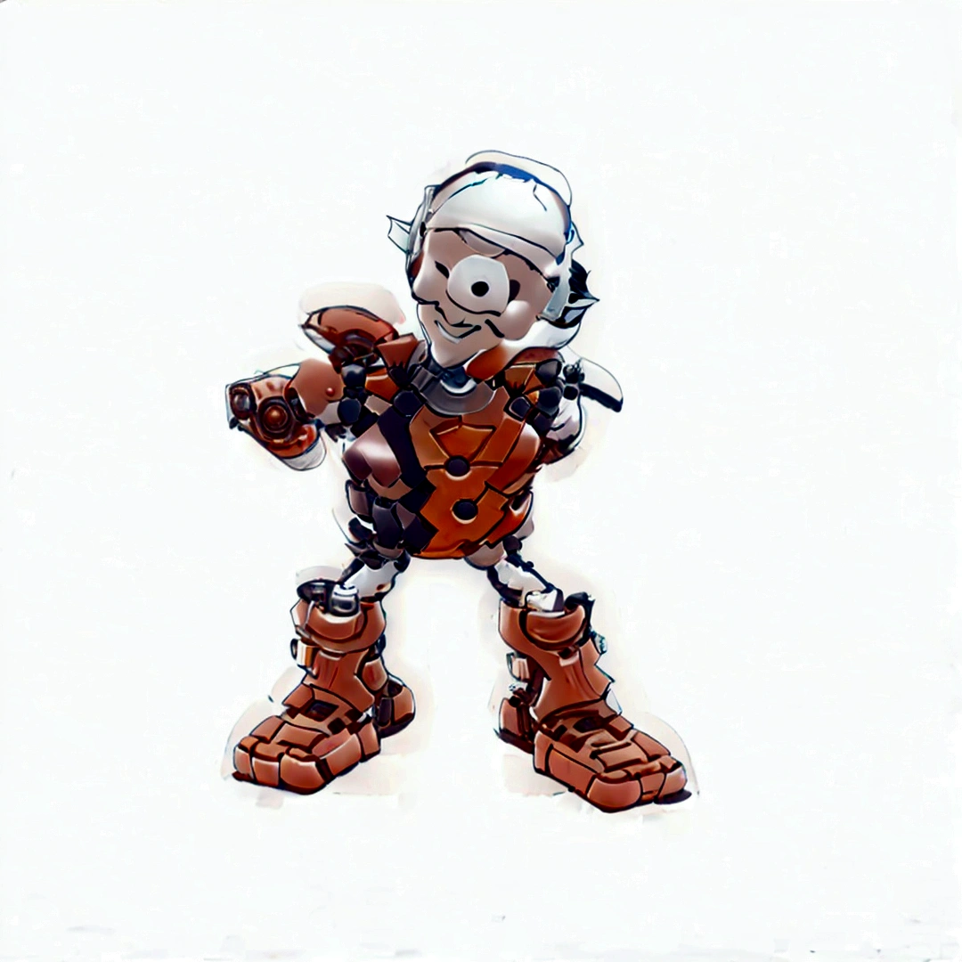 A robot smiles with a spherical head made of bricks, round ears, with a white construction helmet, the arms are made of cobblestone bricks each, shoulders made of colonial tiles, the body is made with two bricks with 9 holes in position. perpendicular, the chest showing the 9 holes and the stomach brick with 9 holes on the side, legs made of 2 PVC pipes, calves made of colonial tiles, feet made of bricks with 12 holes