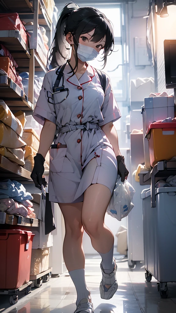 female nurse holding medicines, asia woman, wearing medical mask, heavy rain, wind, thunder, reflections, deep focus, fantasy, intricate, elegant, highly detailed, digital painting, artstation, concept art, matte, sharp focus, illustration, hearthstone, art by artgerm and greg rutkowski and alphonse mucha