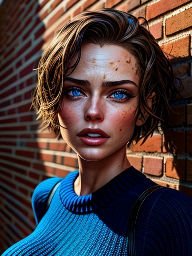 dynamic close-up upper part of 1 Extremely slim and beautiful woman, perfect body, well-shaped face, skin with highly detailed depth, she is Against a brick wall, (haircut, black hair), (detailed eyes large and bright blue eyes , curved breasts), (sensual mouth), wearing short sweater showing shoulders, ultra realistic image vibrande and empinotisate, (she is all wet), dynamic vision, high quality 32k, hyper-realistic, cinematic.