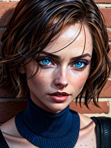 dynamic close-up upper part of 1 Extremely slim and beautiful woman, perfect body, well-shaped face, skin with highly detailed depth, she is Against a brick wall, (haircut, black hair), (detailed eyes large and bright blue eyes , curved breasts), (sensual mouth), wearing short sweater showing shoulders, ultra realistic image vibrande and empinotisate, (she is all wet), dynamic vision, high quality 32k, hyper-realistic, cinematic.