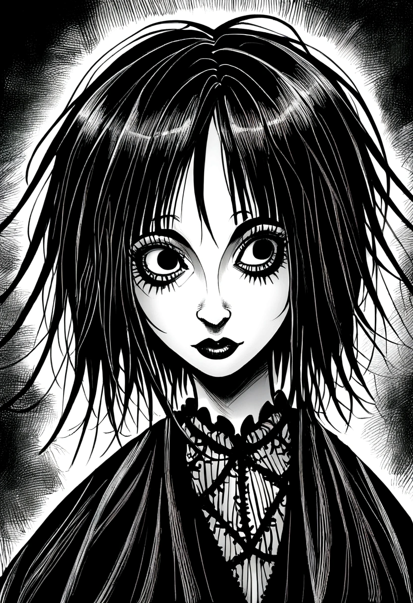 middle aged woman, Vulgar, long black hair to the sides, art style drawing gothic tim burton, portraite