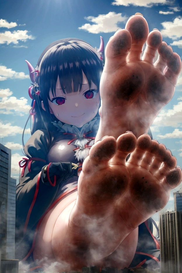 giant feet smash the city、put feet in the air、better feet,dirty feet,sole、human feet,five toes,attack of titaness、full body、high quality、great picture、Rem、Re:Zero、hell girl、huge demolition、giant demon、giant devil girl、scary powerful giant girl、huge impact、destroyed city and giantess、small buildings、city destroyed by giantess、small buildings on the ground、hardly destroyed buildings、cracking buildings、devil costume、row angle、Sitting Giant Girl、Make women bigger、Anime Style、Real Anime、Anime characters、scary smile、creepy face、白いSigh、Heat、Excited woman、scary smile、Sweat、Sweatが流れる、Sigh、Dark atmosphere、dark sky、Destroyed urban area、rubble、Anatomically correct、Accurate body、many people in panic