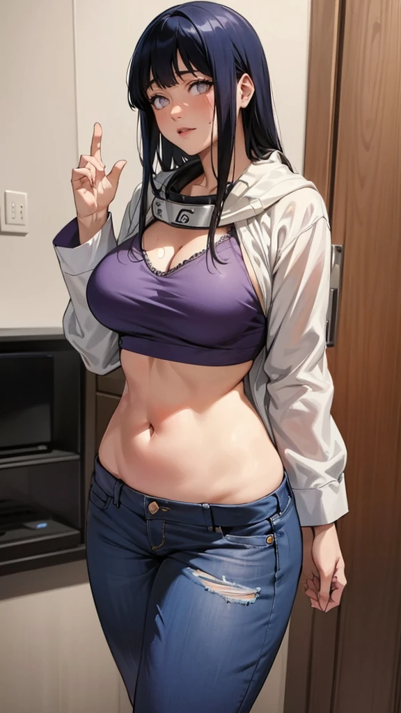 (hyuga Hinata, very sensual, with funk girl clothes, Brazilian, Rio de Janeiro, dancing funk, rolling, big-ass, legs thick, wearing tight jeans, bra, belly out, wearing a mini blouse, not tall either, umbigo com pirsing, big hair, Speaker behind, very realistic, extremely sexy, 8K, 8K extremamente detalhado), (an extremely delicate and beautiful), (Masterpiece artwork), (best qualityer: 1.0), (ultra highres:1.0)