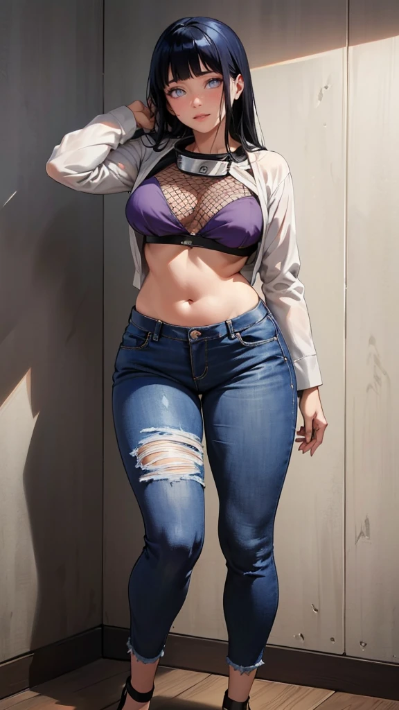 (hyuga Hinata, very sensual, with funk girl clothes, Brazilian, Rio de Janeiro, dancing funk, rolling, big-ass, legs thick, wearing tight jeans, bra, belly out, wearing a mini blouse, umbigo com pirsing, sneakers Nike, big hair, Speaker behind, very realistic, extremely sexy, 8K, 8K extremamente detalhado), (an extremely delicate and beautiful), (Masterpiece artwork), (best qualityer: 1.0), (ultra highres:1.0)