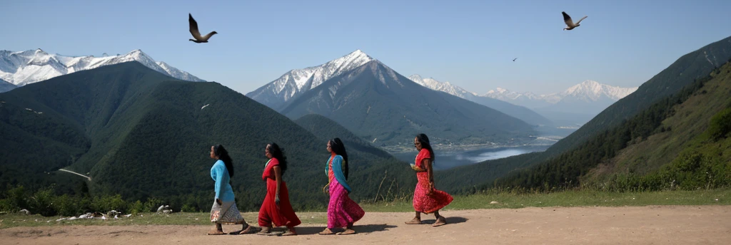 Three Indian women, one 18 years old, one 25 years old and another 35 years old. Although their faces are not clearly visible, it is clear that they have been released from long imprisonment. They look back at the mountain. There is a mountain in front and birds are flying around that mountain.