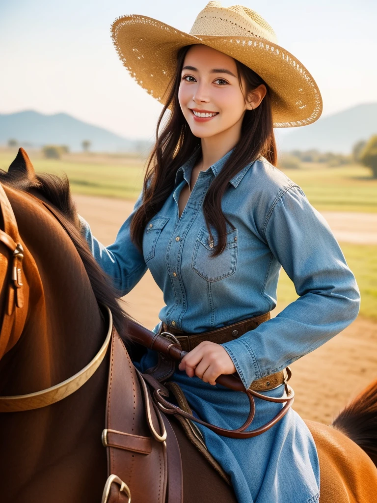 (best quality,8K,realistic,very detailed) Girl wearing cowgirl outfit and cowboy hat, riding on a realistic horse while looking at the viewer with a beautiful smile. Capture scenes with vivid colors and sharp focus, Bring it to life. The girl&#39;s eyes sparkle with exquisite details., Seductive lips are added. The majestic presence of the horse adds depth to the work... The overall atmosphere is reminiscent of a Western landscape., With a hint of adventure . The light softly illuminates the girl&#39;s face., Create a warm and inviting atmosphere. It is a masterpiece that combines the spirit of a cowgirl with the power and grace of a horse...