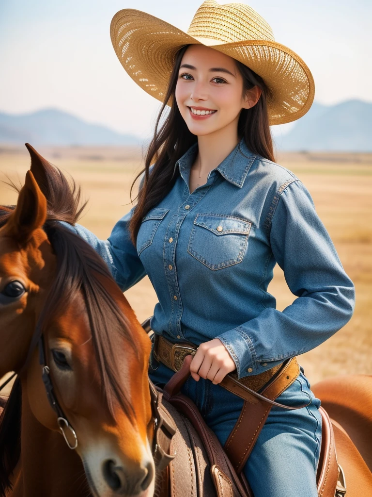 (best quality,8K,realistic,very detailed) Girl wearing cowgirl outfit and cowboy hat, riding on a realistic horse while looking at the viewer with a beautiful smile. Capture scenes with vivid colors and sharp focus, Bring it to life. The girl&#39;s eyes sparkle with exquisite details., Seductive lips are added. The majestic presence of the horse adds depth to the work... The overall atmosphere is reminiscent of a Western landscape., With a hint of adventure . The light softly illuminates the girl&#39;s face., Create a warm and inviting atmosphere. It is a masterpiece that combines the spirit of a cowgirl with the power and grace of a horse...