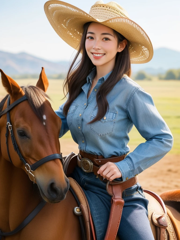 (best quality,8K,realistic,very detailed) Girl wearing cowgirl outfit and cowboy hat, riding on a realistic horse while looking at the viewer with a beautiful smile. Capture scenes with vivid colors and sharp focus, Bring it to life. The girl&#39;s eyes sparkle with exquisite details., Seductive lips are added. The majestic presence of the horse adds depth to the work... The overall atmosphere is reminiscent of a Western landscape., With a hint of adventure . The light softly illuminates the girl&#39;s face., Create a warm and inviting atmosphere. It is a masterpiece that combines the spirit of a cowgirl with the power and grace of a horse...