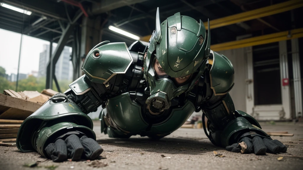 Textured skin, Super detailed, Attention to detail, high quality, 最high quality, High resolution, 1080P, hard disk, beautiful,(War Machine),beautiful cyborg middle aged woman,Mecha Cyborg Girl,(Dark green armor)((Major damage)),Woman with a mechanical body、She is wearing a futuristic combat weapon mecha,Full Body Shot、Soot on the face、Bitter Expressions、it hurts、A lot of sweat on the face、cute、gas mask、Lying on the ground、(Very cracked outfit)(Smoke from the whole body)、is visible、Full of body slander.、My whole body was injured.、Smoke comes from the whole body、Spread your legs、Collapse(Headgear split in half)、(Fall face down on the ground)