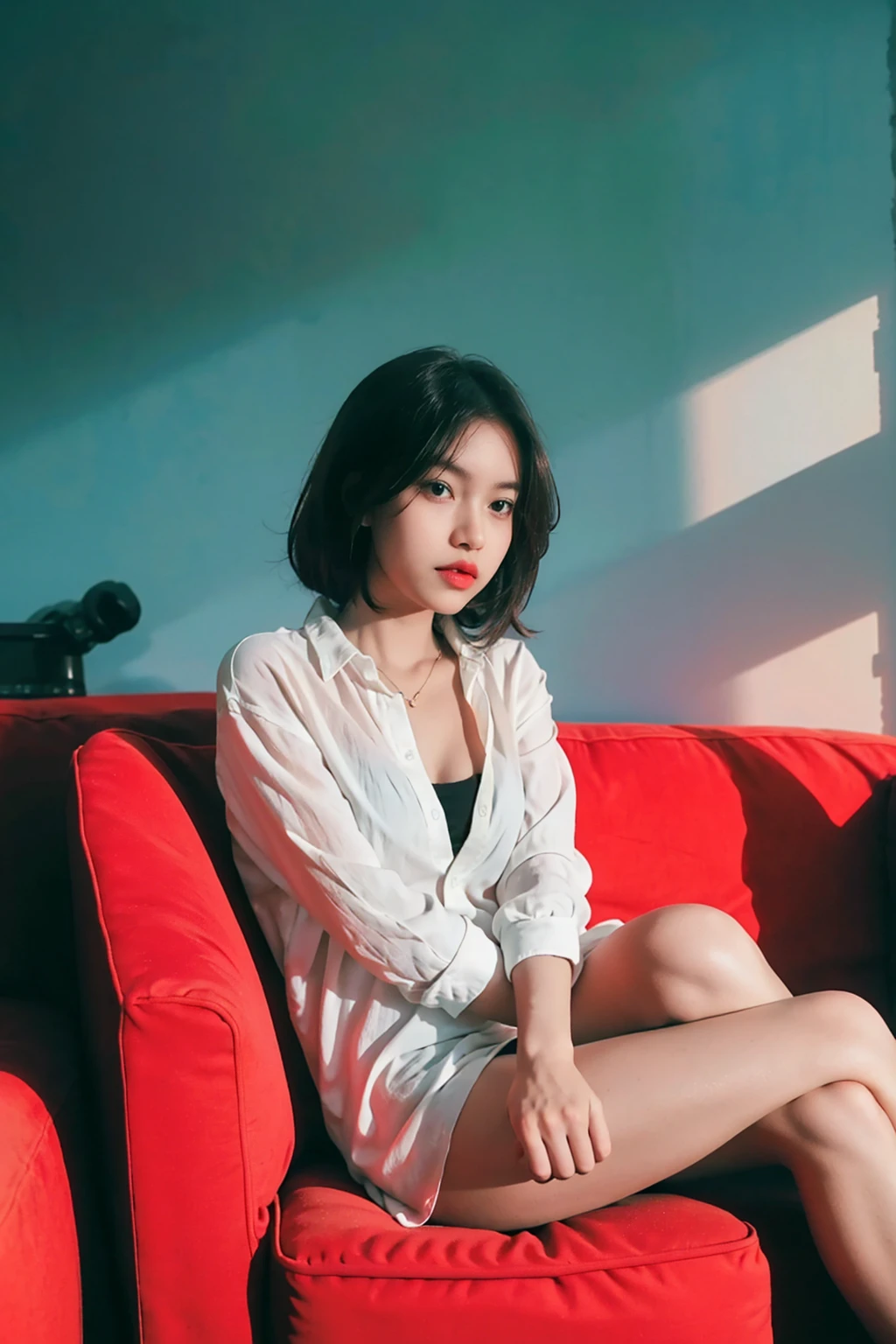 1girl,sitting on a cozy couch,crossing legs,soft light, open shirt