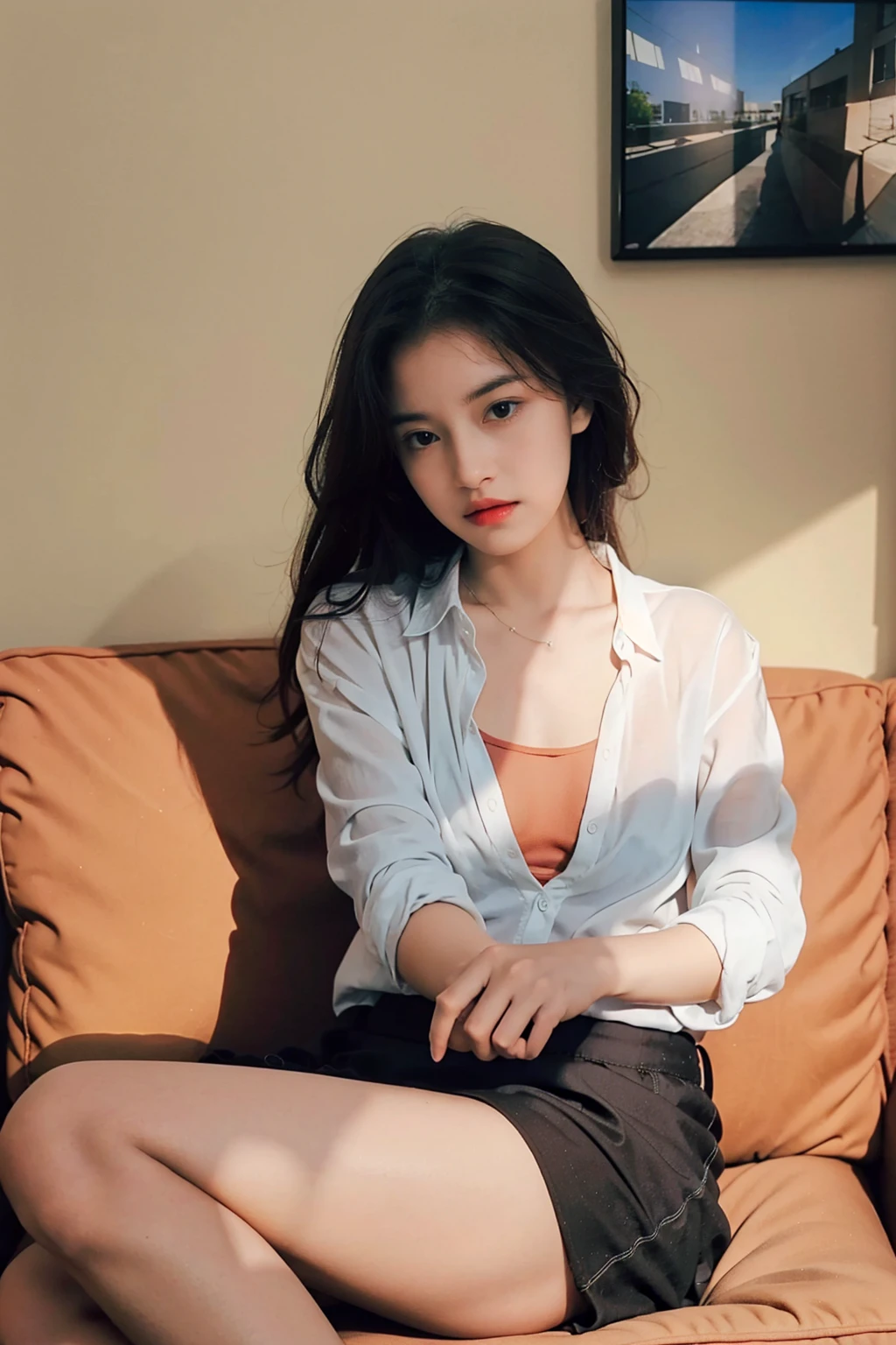 1girl,sitting on a cozy couch,crossing legs,soft light, open shirt