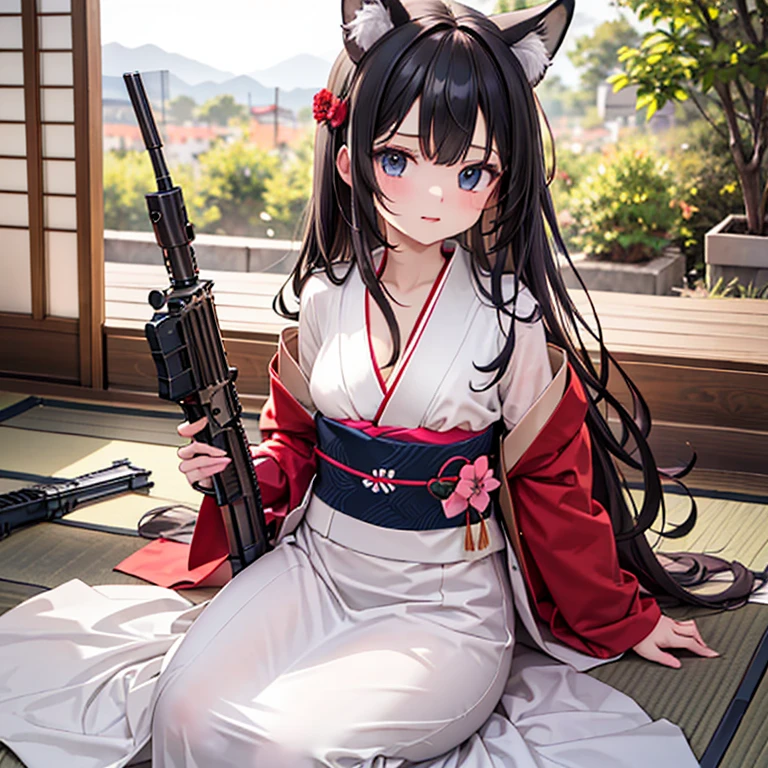 (Fox Girl, Fox Ears, Black Hair, Fox makeup, One Girl, Long Hair:1.6), (kimono, 胸元が開いたkimono, A beautiful kimono with red and black patterns, Her cleavage is visible, Open the chest, Skin is visible:1.8), (Body measurements are 75-60-75!, Young girl body, Small breasts, Small breasts, Accentuate your breasts, Face down, Have a weapon, Get your gun ready?, Take aim, Colt M16A2 Rifle:1.9), Avatar, face, lewd face, Dominant representation, naughty face, boost mood, Skin Texture, outside, grassland