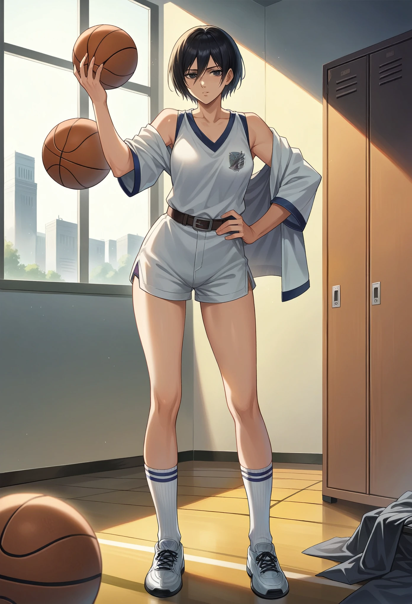 An anime Attack on Titan girl Mikasa dressed in a black basketball uniform in the locker room of a basketball team., by Studio Ghibli, city landscape, Detailed illustration, Official Art, kawacy style, elegant movement, nocturne, compound, HD wallpapers Adult version hentai anime 