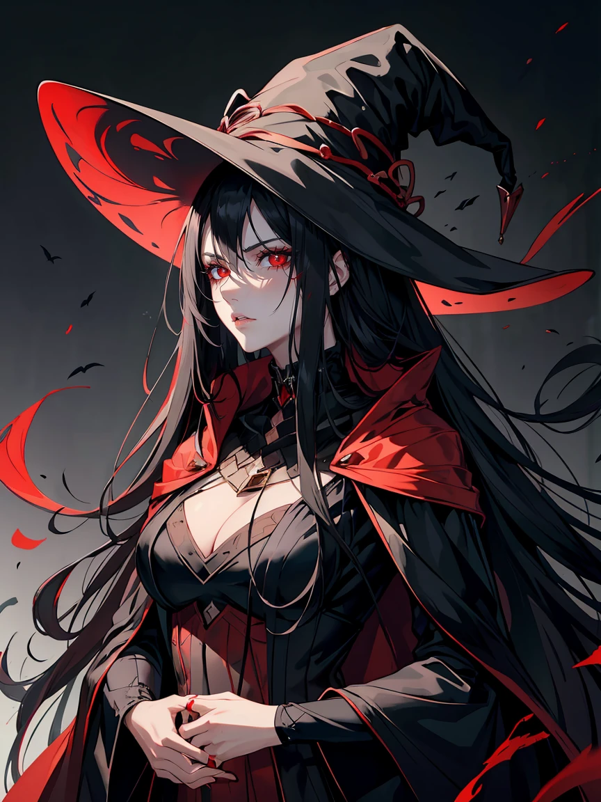 handsome woman，red-eyes，red pupils，Long black hair, grey skin, looks ill, Hyperresolution，accuracy，Detailed rendering，（Subtle facial image）（Image of fine hair）（topquality）（Masterpieces of masters）（High degree of completeness）（A sense of atmosphere）tmasterpiece，Super detailed and super detailed（full-body portrait), large witch hat, ankle length black straight hair, fierce look in her eyes, blood, full body