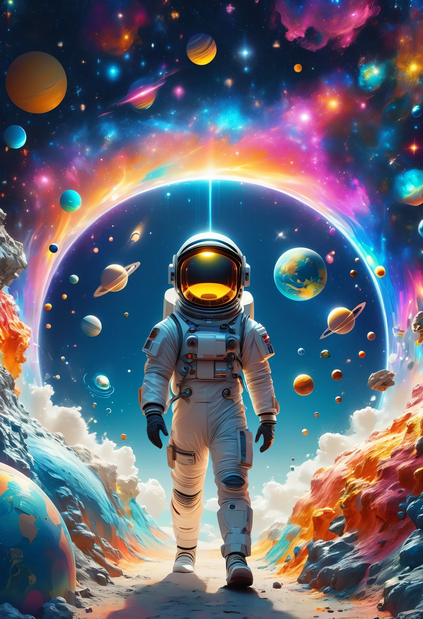 A 3d illustration of things such as a universe, astronaut, spaceship,planet, in the style of lively illustrations, childlike figures, hallyu, ad posters, use of bright colors, earthworks, soft color fields light-filled scenes