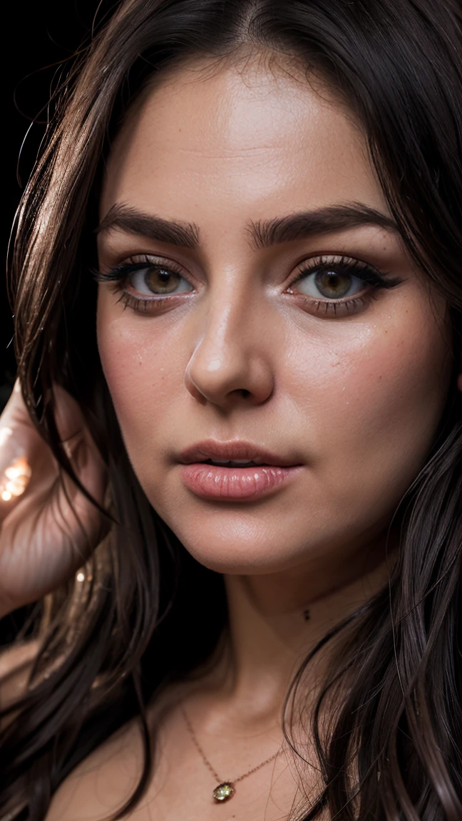 ((photorealistic))), photo, 32k, rd, (Ultra detailed face and eyes: 1.3), 1 fille, in an unbuttoned blouse, (Maquillage pour les yeux, mascara), long cils, (detailed labia majora), (Dark wavy hair), big heavy tits, (eye detail:1, 2), (ultra detailed leather: 1.3). photo session in a dark studio, (contour lighting), The play of light and'shadows), shallow depth of field, bokeh. Ambiance chaleureuse du cadre. (Dull color scheme), (Belt photo), ((granularity)), dazzle, ultra-detailed