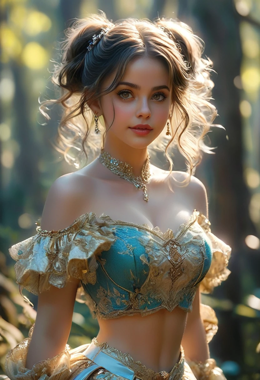 masterpiece, best quality, highly detailed, 1girl, solo, twintails, off-shoulder sweater, choker, jacket, hairband, looking at viewer, smile, blush, Wide Smile, Eyes Detailed & Wide, sexy Pose. Ultra HD, Rococo-Inspired Fantasy Art With Intricate Details. Cute, Charming Expression, Alluring-Gaze, looking at viewer Beautiful Eyes, An-Ideal-Figure. Large Youthful Well-Shaped-Breasts, Massive-Round-Bosom, Décolletage. slim waist, fit body, full lipsWarm lights , woman in a dreamy forest at night, with fluffy hair, delicate face, realistic, real, slim, large aperture, sexy shots, attractive poses,Stunnin gly beautiful merge of Scarlett Johanson. Alison Brie, Selena Gomez. symmetrical face, photorealistic, photography, path tracing, specular lighting, volumetric face light, path traced hairmaximum quality{(masutepiece) (8K High Resolution) (top-quality) In the style of breath of the wild.