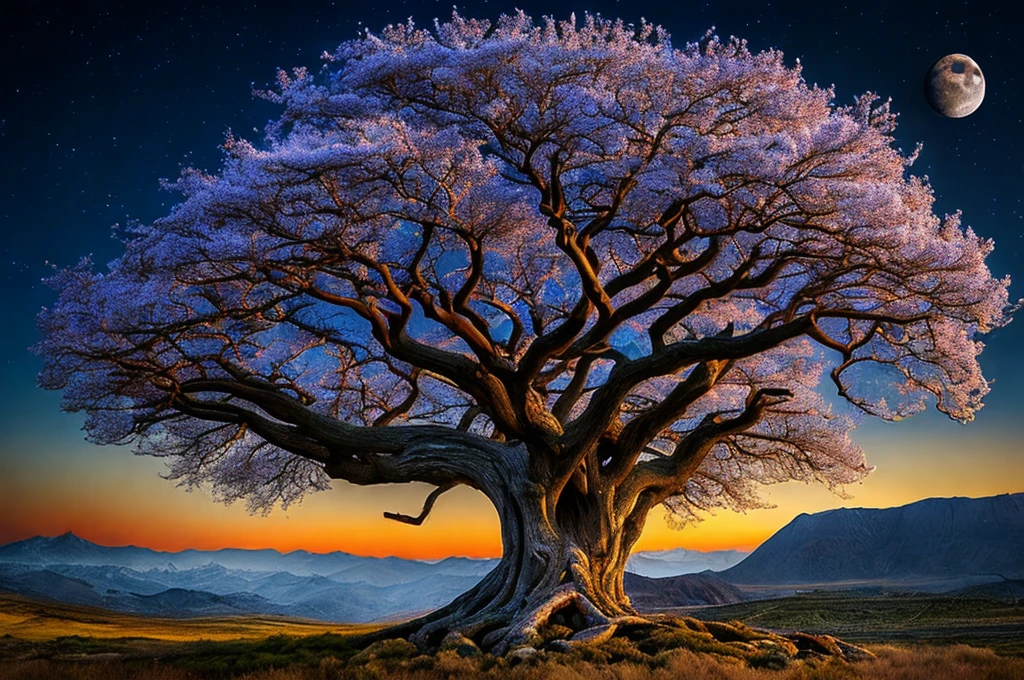 (Very beautiful epic breathtaking landscape), (very beautiful and very strange tree), (alluring, A fascinating sight), (Incredible, difficult to explain), amazing tree, (the full moon illuminates it), (ultra detailed photo, HDR, uhd, 16K), Professional photography, (ultra detailed environment), hyperdetailing, super detailed photo, (masterpiece of world photography),