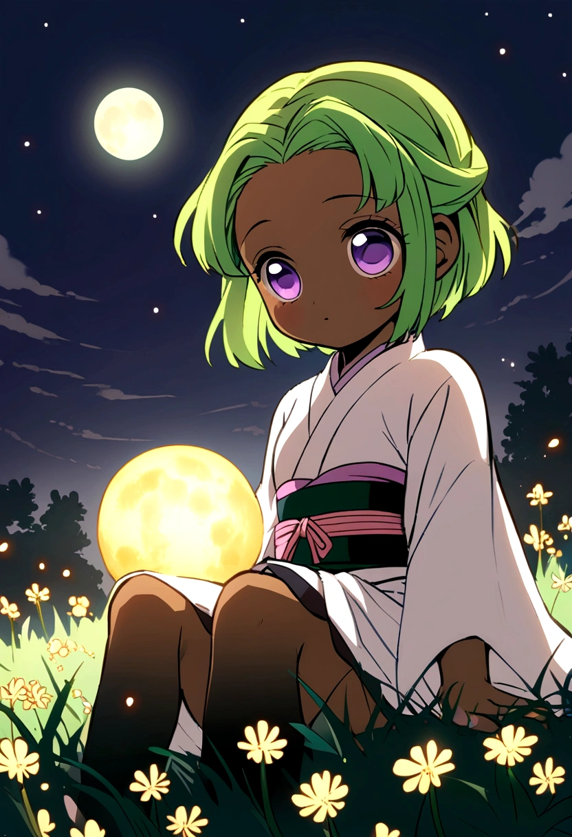 Anime girl sitting on the grass looking at the moon, green hair, purple eyes, BROWN SKIN, and in the kimetsu no yaiba style