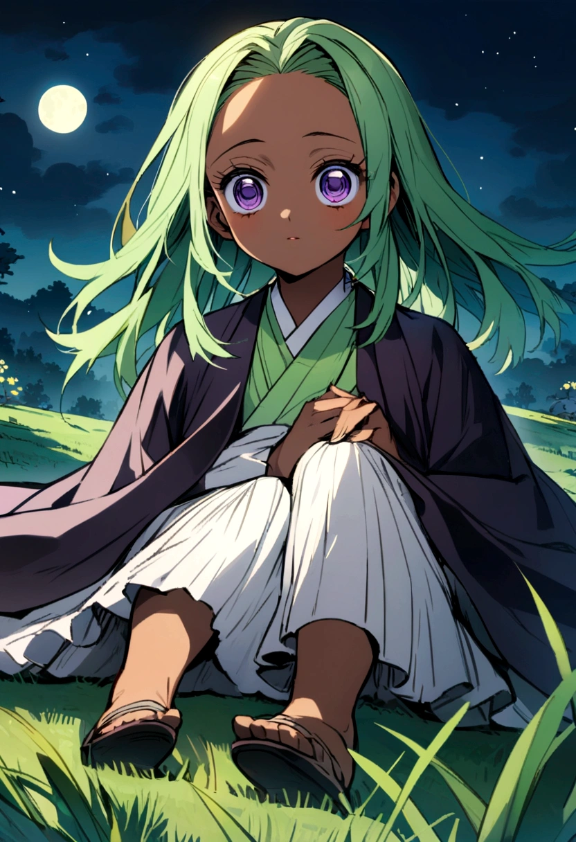 Anime girl sitting on the grass looking at the moon, green hair, purple eyes, BROWN SKIN, and in the kimetsu no yaiba style