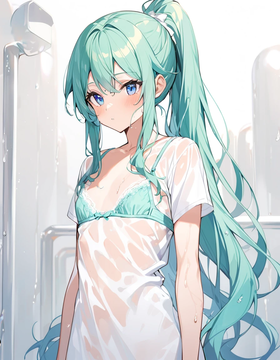 1girl,solo,19 years old,blue-long-hair,high-ponytail,blue-eyes,(tall-stature:1.2),flat-chest, white_t-shirt, mint-green_bra, wet,her bra is showing through