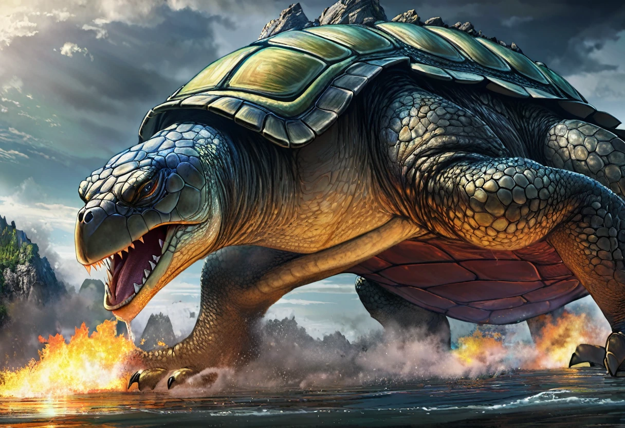 a giant turtle blended with a dragon kaiju, fbreathing fire, smoke billowing from nostrils, antasy creature, detailed anatomy, photorealistic, 8k, cinematic lighting, dramatic composition, moody colors, epic scale, mythical, intricate details, powerful presence, awe-inspiring, breathtaking, masterpiece
