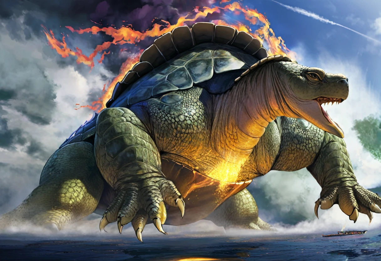 a giant turtle blended with a dragon kaiju, fbreathing fire, smoke billowing from nostrils, antasy creature, detailed anatomy, photorealistic, 8k, cinematic lighting, dramatic composition, moody colors, epic scale, mythical, intricate details, powerful presence, awe-inspiring, breathtaking, masterpiece