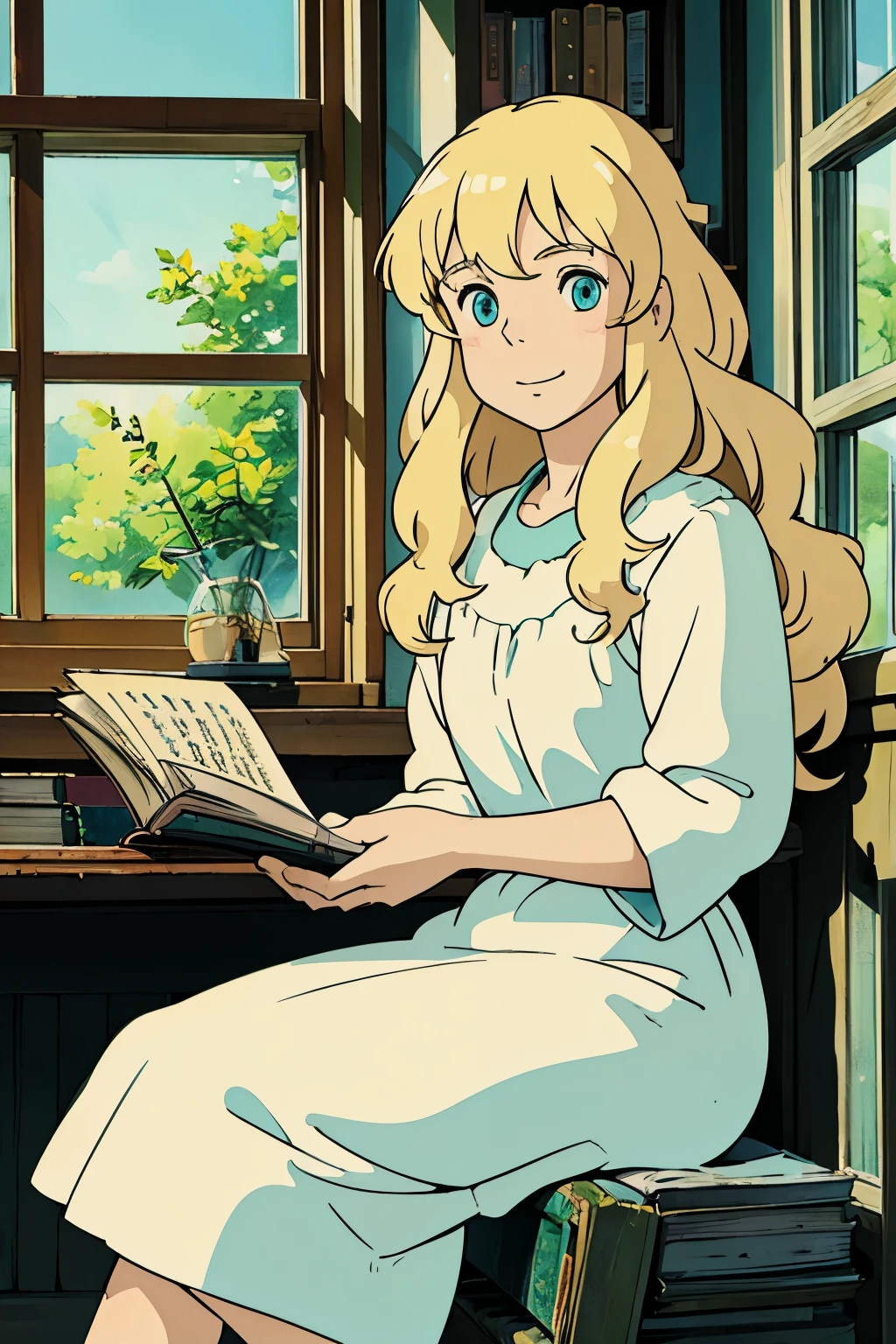 A girl sitting,Thick blonde curls,,Long hair,Turquoise eyes,,Gentle expression,Smile,Sit by the window and read a book,The book is spread out,The sun shines on her hair,Gentle sunlight effect,Soft light,Hand-drawn style,Miyazaki style