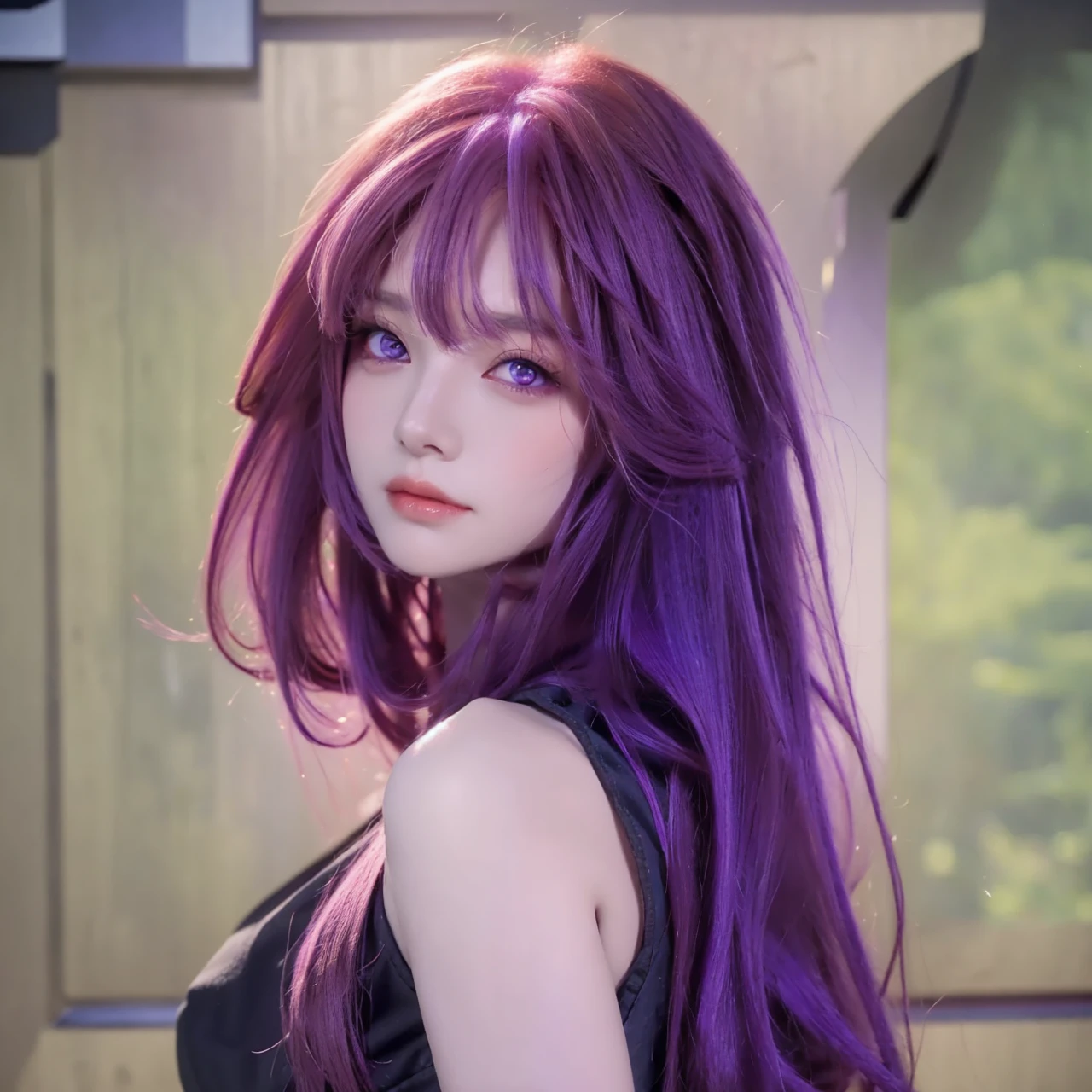 1girl with long hair and black dress standing in front of a door, anime girl wearing a black crop top, (Light purple hair), (Long hair), fair skin, purple eyes, pretty face, big breasts, see-through bangs, (((Perfect)))