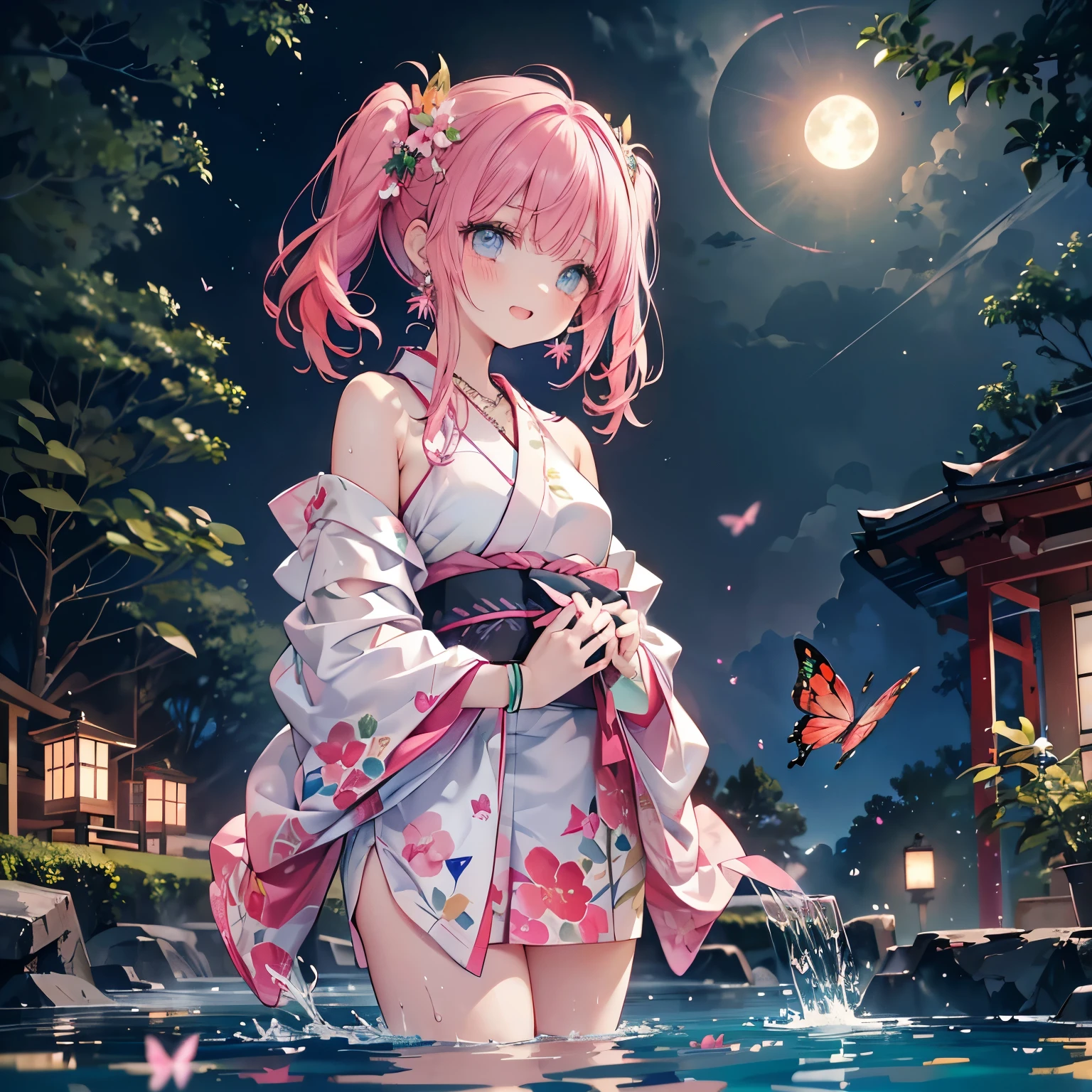 low angle,from below,(beautiful pink and green butterflies and dragonflies all over the place),colorful flowers,fantasy beams and lights,
((masterpiece:1.4, best quality)), ((masterpiece, best quality)),((beautiful twin tail black red green pink hair,beautiful cobalt blue eyes,little cute girl)),((sexy colorful japanese yukata)),wet full body, bathing in the water,(beautiful outside open spa),(water splash,lovely laugh), (Lace chalker, wristband, diamond necklace,earrings),cinematic lighting and pause,beautiful natural mysterious park,night sky,full moon,(beautiful pink and red butterflies and dragonflies all over the place),