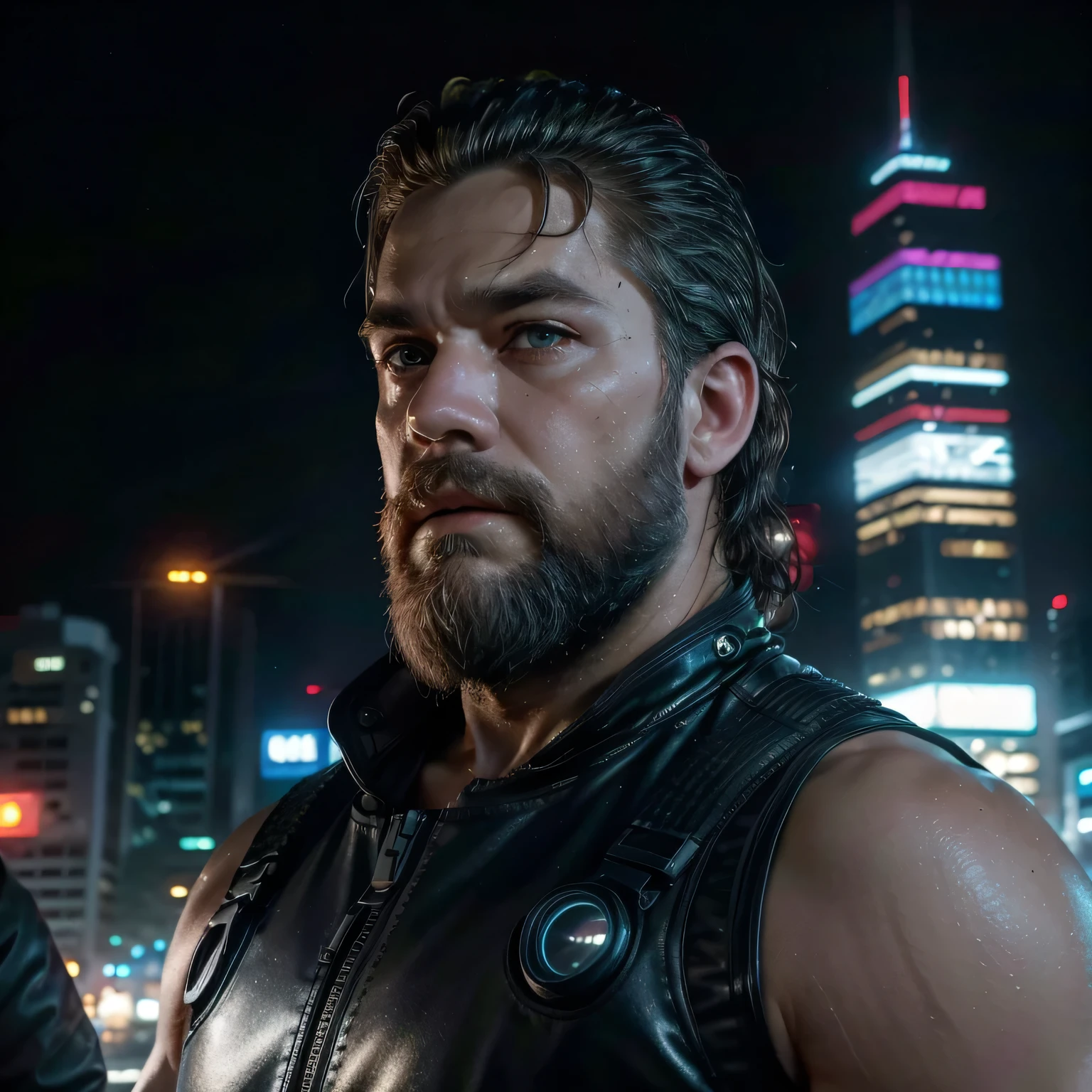 Front View, Centered,Ultra-realistic RAW portrait of a 50-year-old man with a large beard and short military-style hair, reimagined in a cyberpunk setting. He is wearing futuristic attire of a post-apocalyptic cyberpunk warrior. The scene takes place in a city with neon-lit skyscrapers in the background under a cloudy, rainy sky. The man has visible cybernetic enhancements on his body. The lighting should feature vibrant neon colors and dramatic contrasts to highlight the intricate details of your costume, the texture of your beard, and the futuristic environment. Photographed with a professional DSLR camera to capture fine details and depth.